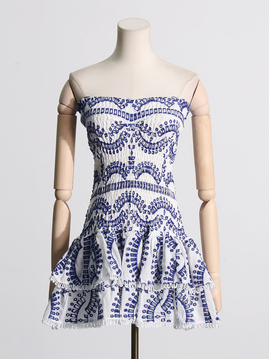 Woochic robe cocktail bustier élastique brodé à volants,courte