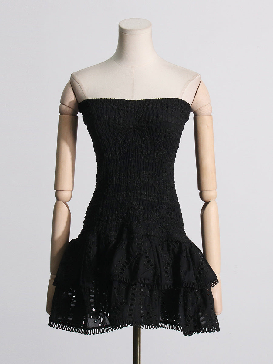Woochic robe cocktail bustier élastique brodé à volants,courte noir S