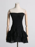 Woochic robe cocktail bustier élastique brodé à volants,courte noir S
