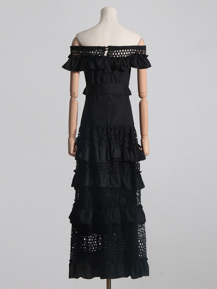 Woochic robe cocktail col bateau dentelle brodée ceinture taille haute
