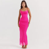 Woochic robe cocktail col en U fendue à bretelles tulle taille haute rose2 S
