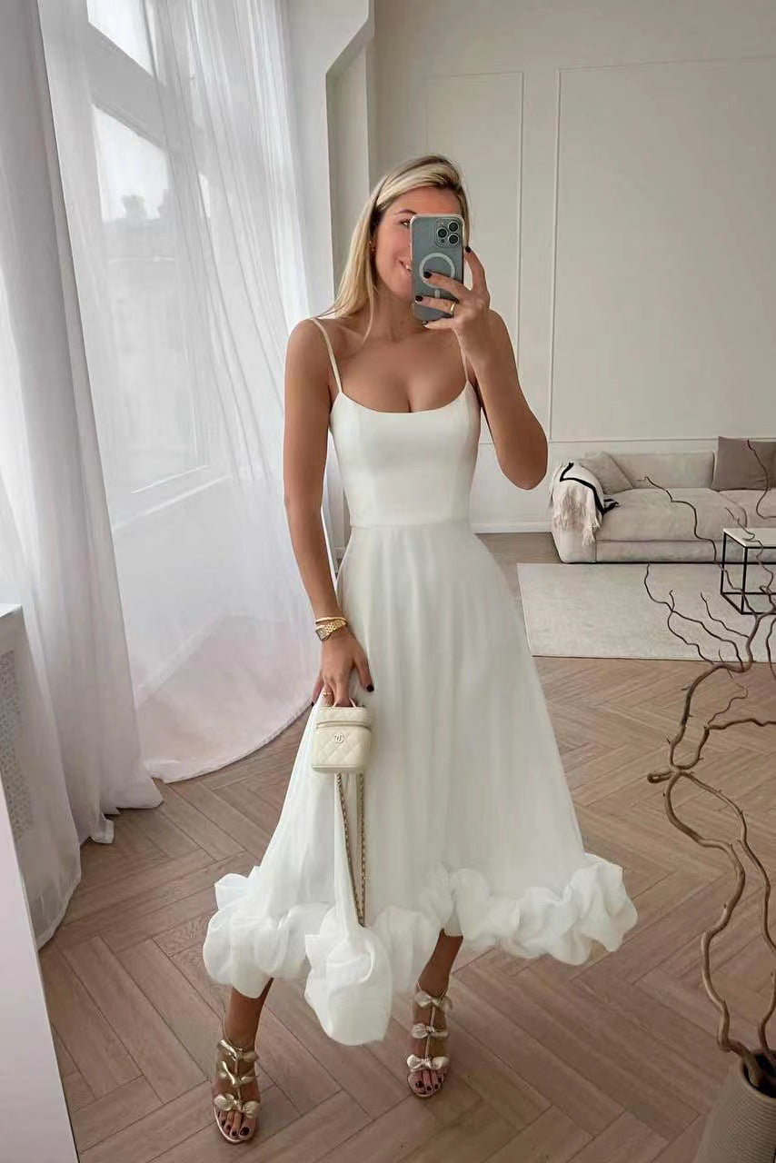 Woochic robe cocktail col en U ourlet à bretelles,trapèze blanc S