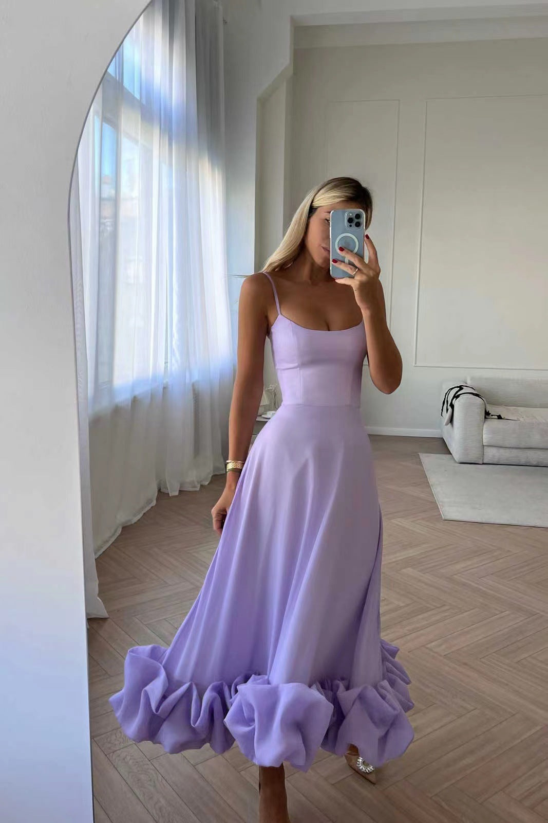 Woochic robe cocktail col en U ourlet à bretelles,trapèze violet2 S