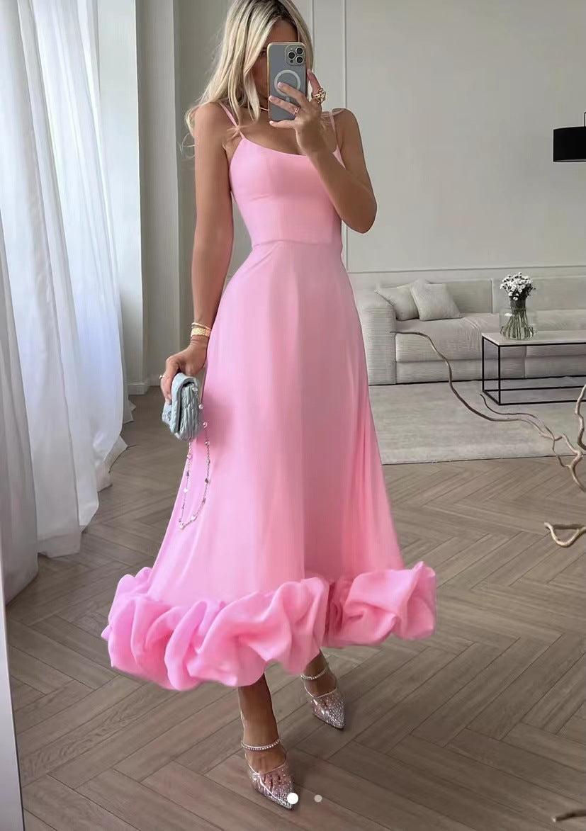 Woochic robe cocktail col en U ourlet à bretelles,trapèze rose 5 S