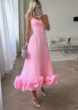 Woochic robe cocktail col en U ourlet à bretelles,trapèze rose 5 S
