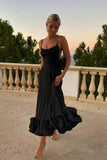 Woochic robe cocktail col en U ourlet à bretelles,trapèze noir S