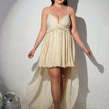 Woochic robe cocktail  col en V à bretelles grande taille,soirée abricot 1XL