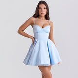 Woochic robe cocktail col en V cintrée à lacets,courte bleu XS