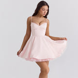 Woochic robe cocktail col en V cintrée à lacets,courte rose XS