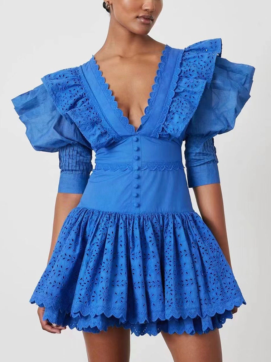 Woochic robe cocktail col en V courte taille haute à volants,vacances S bleu