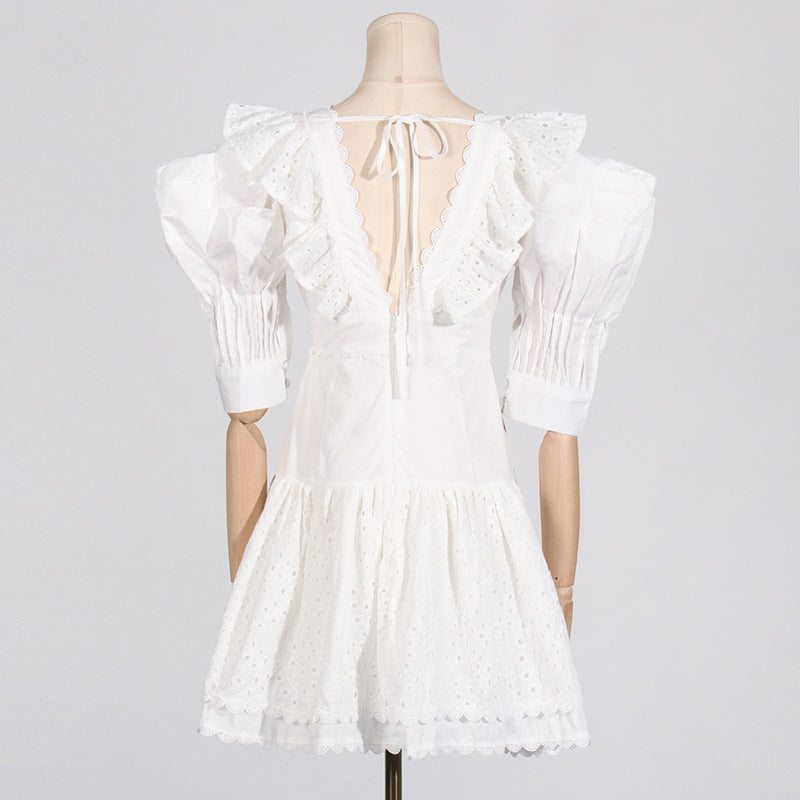 Woochic robe cocktail col en V courte taille haute à volants,vacances