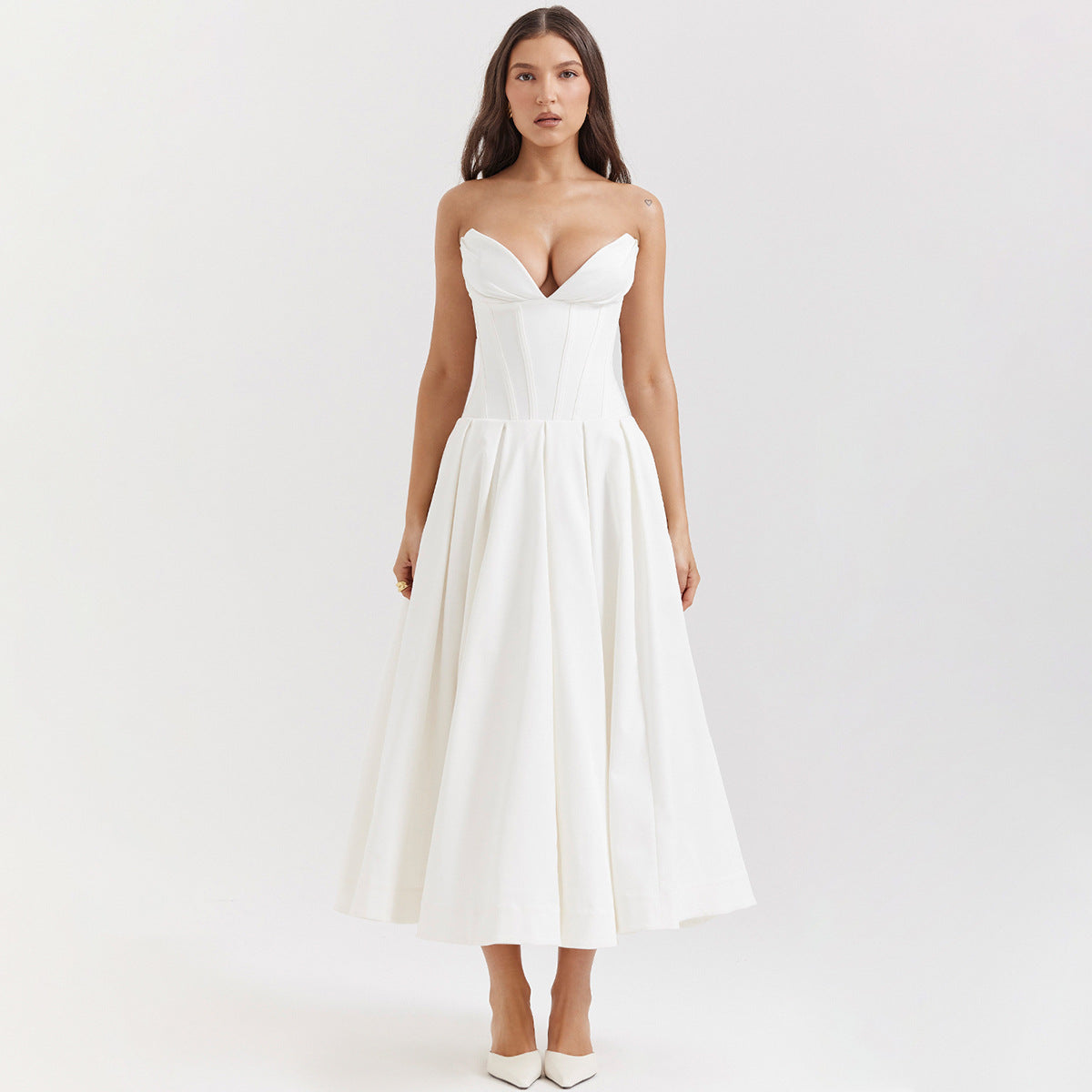 Woochic robe cocktail col en V dos nu cintrée bustier blanc XS