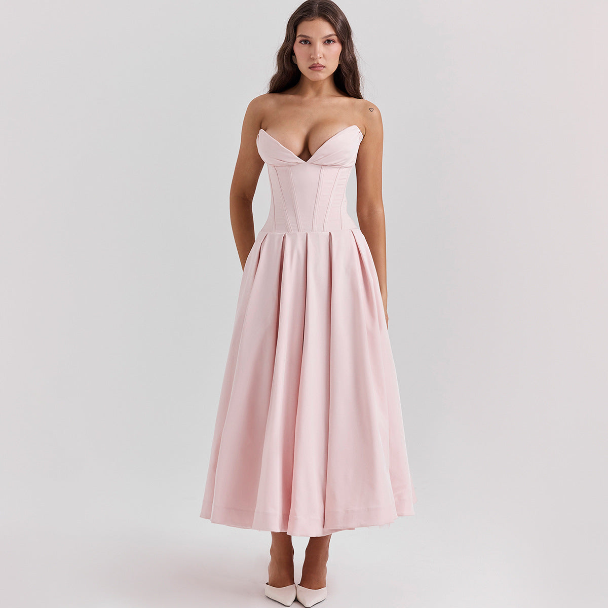 Woochic robe cocktail col en V dos nu cintrée bustier rose XS