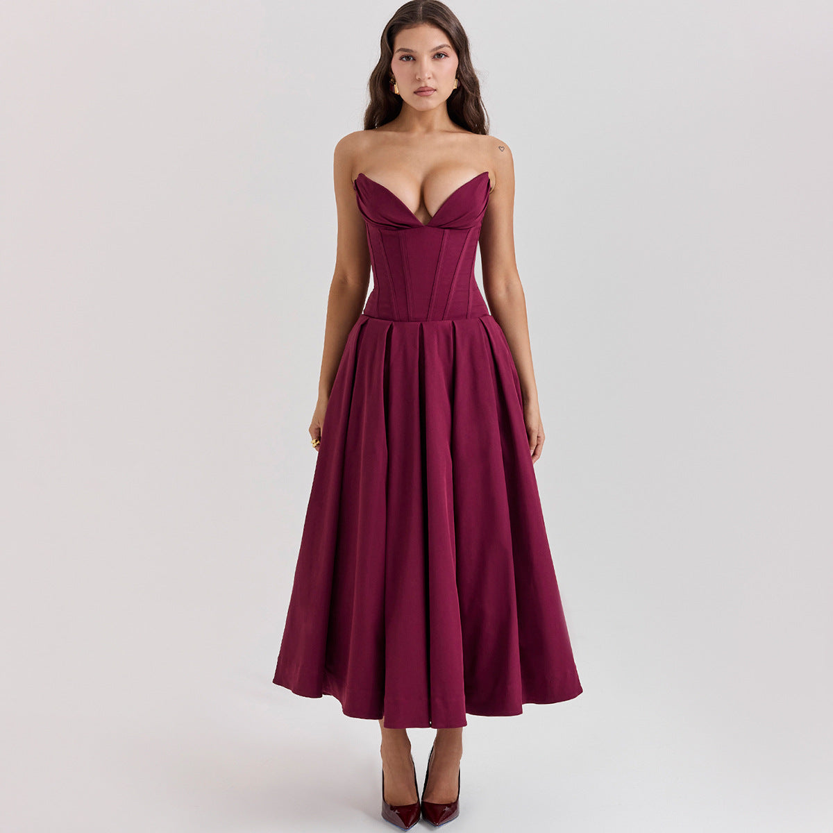 Woochic robe cocktail col en V dos nu cintrée bustier rouge vineux XS