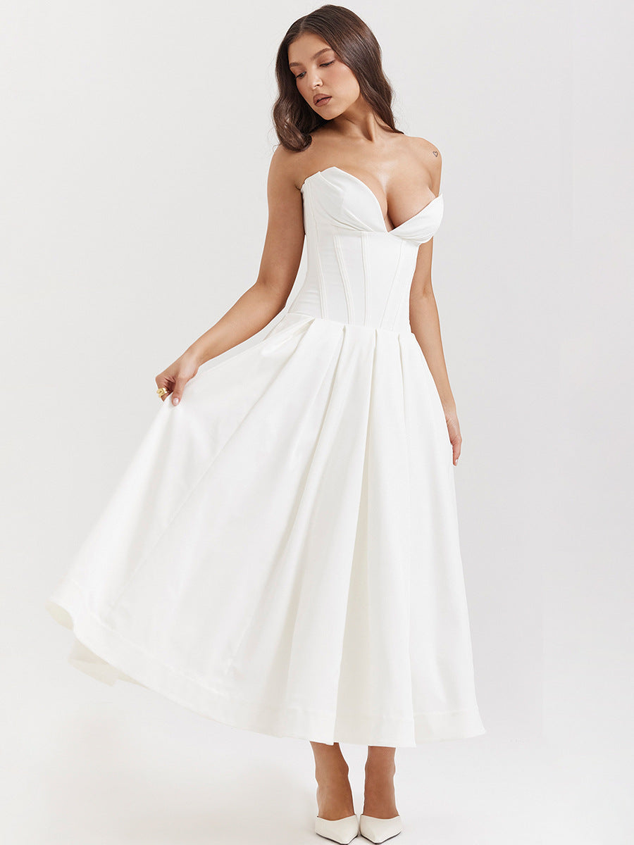 Woochic robe cocktail col en V dos nu cintrée bustier