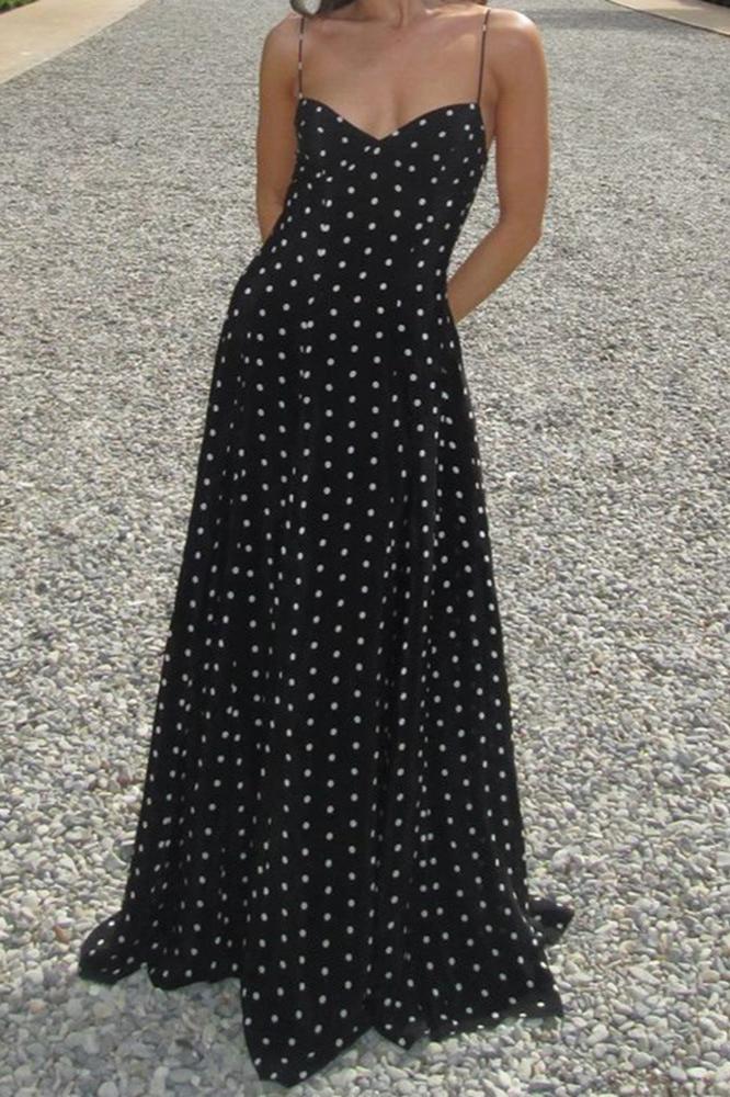 Woochic robe cocktail col en V imprimée florale à bretelles pois noir S