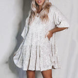 Woochic robe cocktail col en rond trapèze paillettes scintillantes blanc S