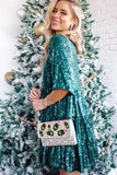 Woochic robe cocktail col en rond trapèze paillettes scintillantes vert 1 S