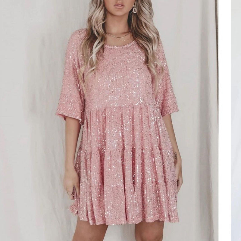 Woochic robe cocktail col en rond trapèze paillettes scintillantes rose S
