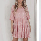 Woochic robe cocktail col en rond trapèze paillettes scintillantes rose S