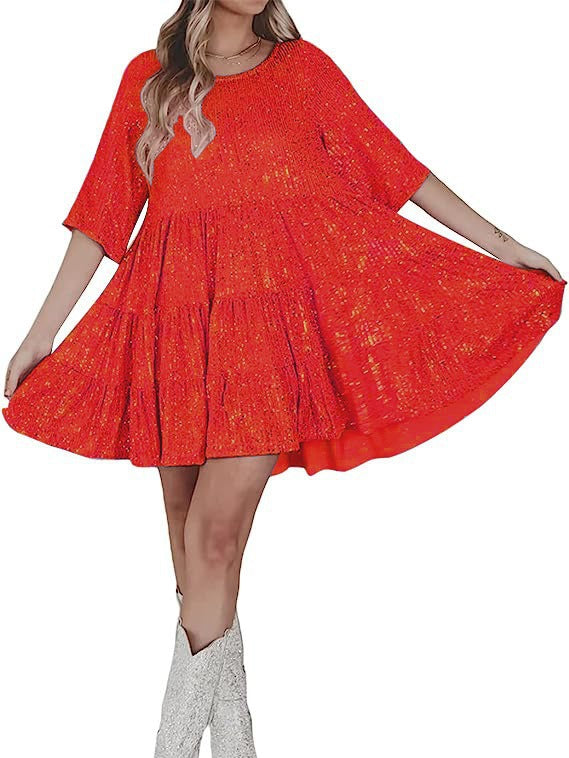Woochic robe cocktail col en rond trapèze paillettes scintillantes rouge S