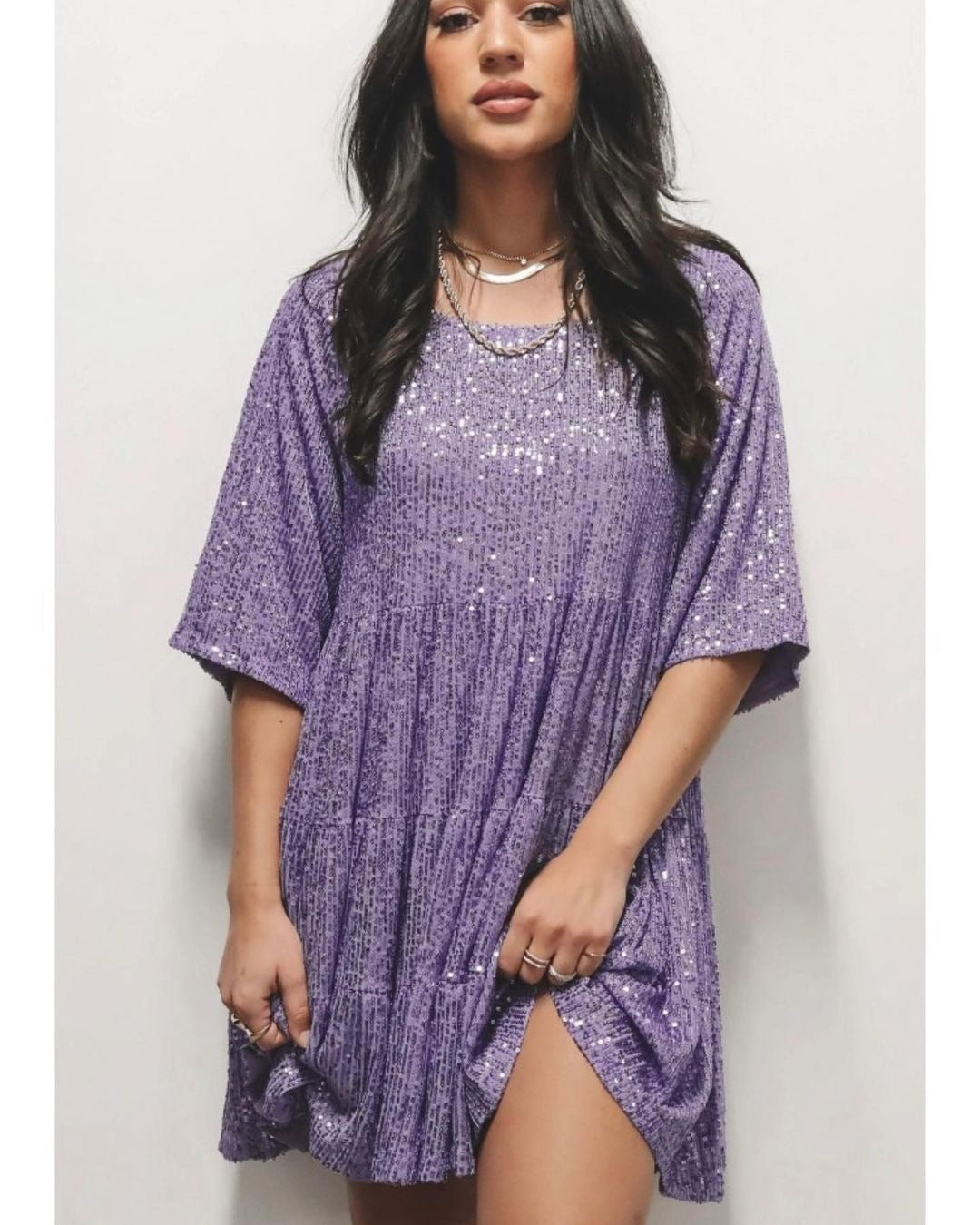 Woochic robe cocktail col en rond trapèze paillettes scintillantes violet S