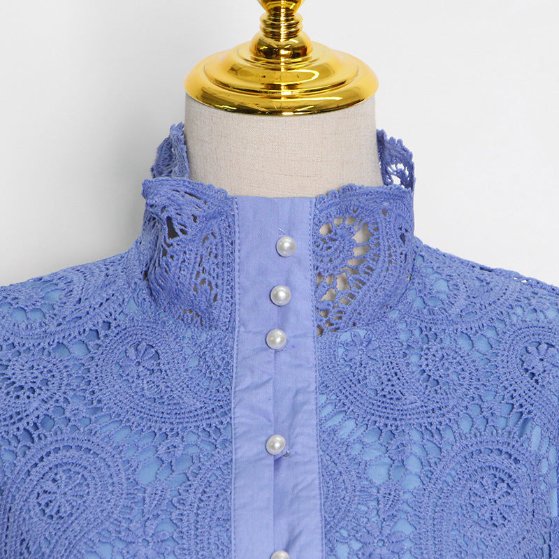 Woochic robe cocktail dentelle fendue col montant découpes manche lanterne