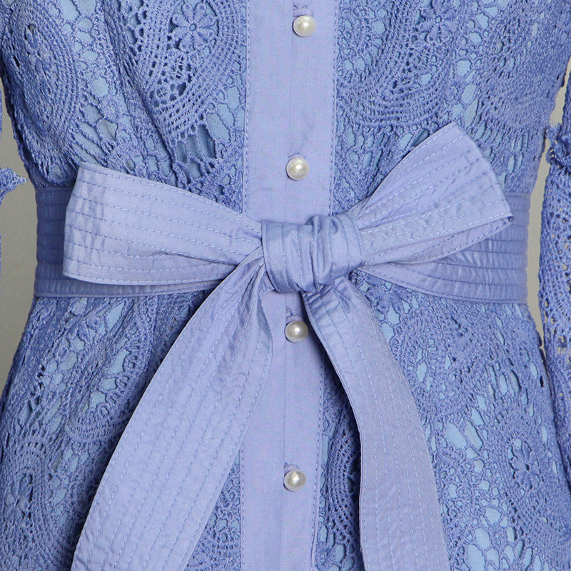 Woochic robe cocktail dentelle fendue col montant découpes manche lanterne