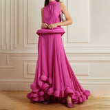 Woochic robe cocktail deux-pièces col montant plissé sans manches couture irrégulière volants rose2 S