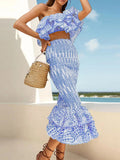 Woochic robe cocktail deux-pièces irrégulière à volants bustier sirène taille haute bleu S