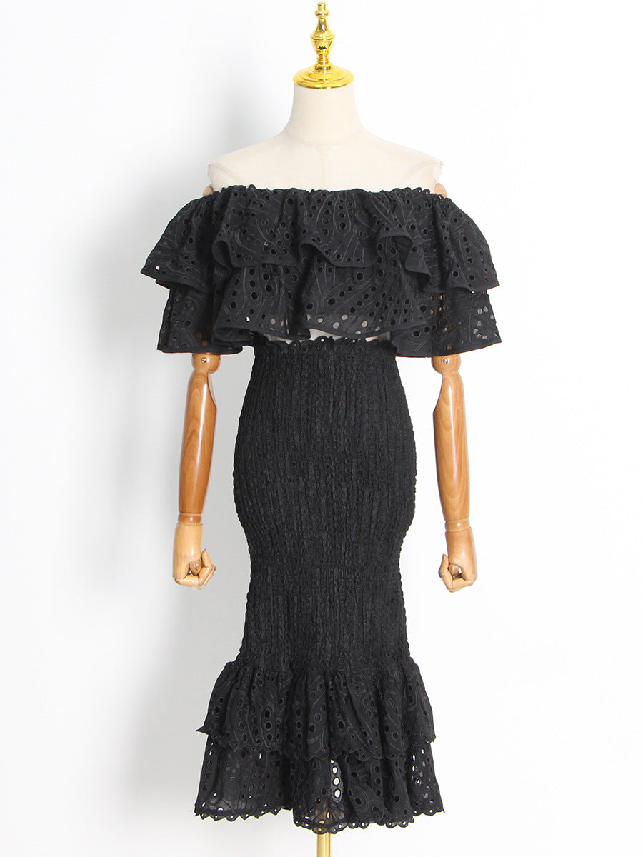 Woochic robe cocktail deux-pièces irrégulière à volants bustier sirène taille haute noir S