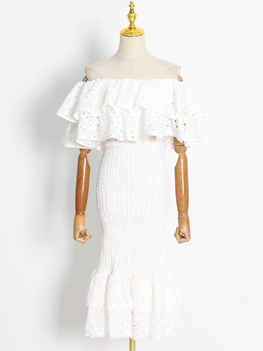Woochic robe cocktail deux-pièces irrégulière à volants bustier sirène taille haute blanc S
