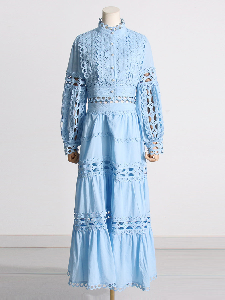 Woochic robe cocktail deux-pièces manches princesse découpes en dentelle style cour bleu S