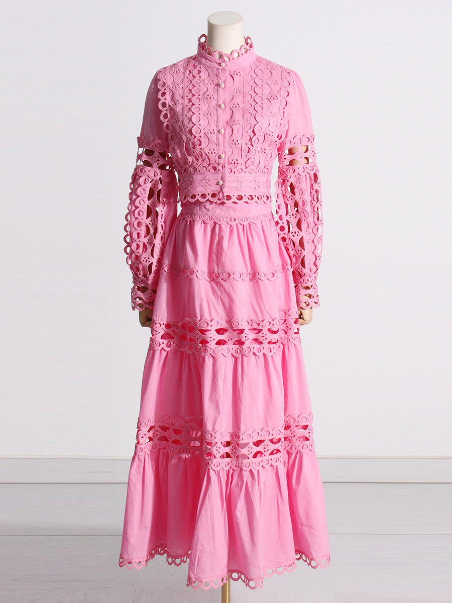 Woochic robe cocktail deux-pièces manches princesse découpes en dentelle style cour rose S