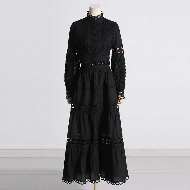 Woochic robe cocktail deux-pièces manches princesse découpes en dentelle style cour noir S
