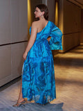 Woochic robe cocktail fendue à imprimé grande taille,bleu
