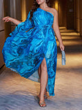 Woochic robe cocktail fendue à imprimé grande taille,bleu