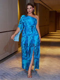 Woochic robe cocktail fendue à imprimé grande taille,bleu