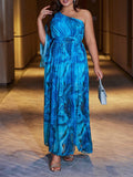 Woochic robe cocktail fendue à imprimé grande taille,bleu