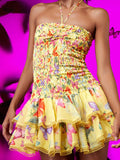 Woochic robe cocktail fleurie bustier couture à doubles volants taille haute jaune S