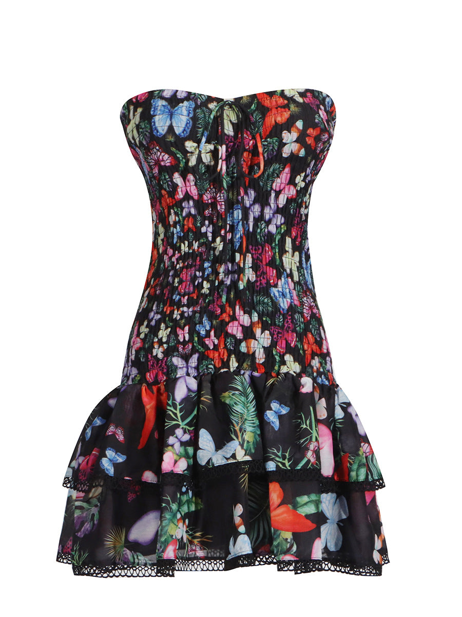Woochic robe cocktail fleurie bustier couture à doubles volants taille haute noir S