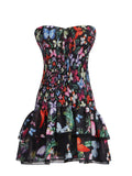 Woochic robe cocktail fleurie bustier couture à doubles volants taille haute noir S