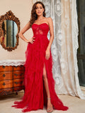 Woochic robe cocktail grand taille découpes tulle dentelle et bustier,soirée rose 1 S