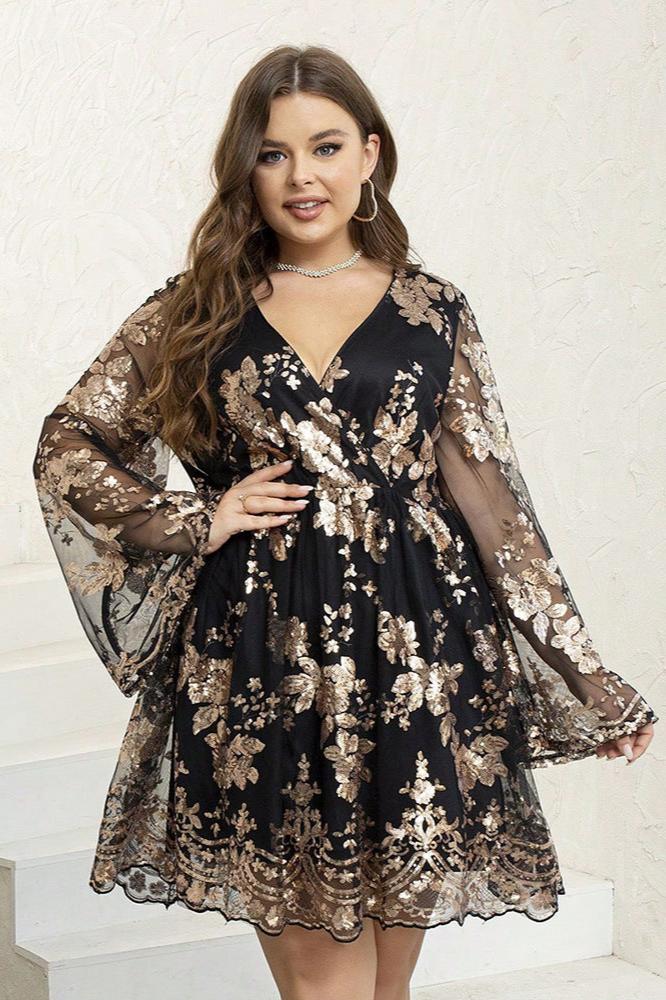 Woochic robe cocktail grande taille à manches longues et à pailletes brodés à col en V,soirée noir 1XL
