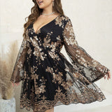 Woochic robe cocktail grande taille à manches longues et à pailletes brodés à col en V,soirée