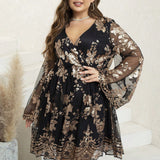 Woochic robe cocktail grande taille à manches longues et à pailletes brodés à col en V,soirée