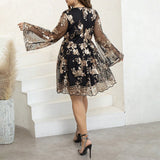 Woochic robe cocktail grande taille à manches longues et à pailletes brodés à col en V,soirée