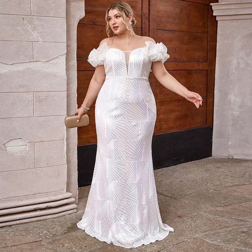Woochic robe cocktail grande taille  manches bouffantes paillettes party