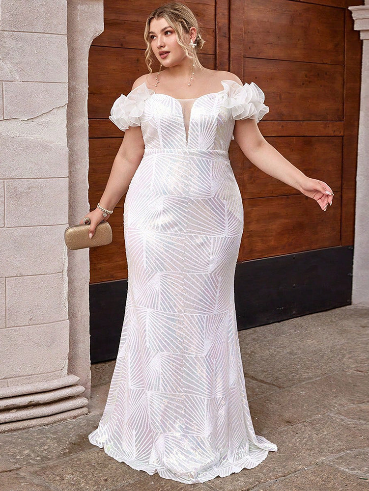 Woochic robe cocktail grande taille  manches bouffantes paillettes party