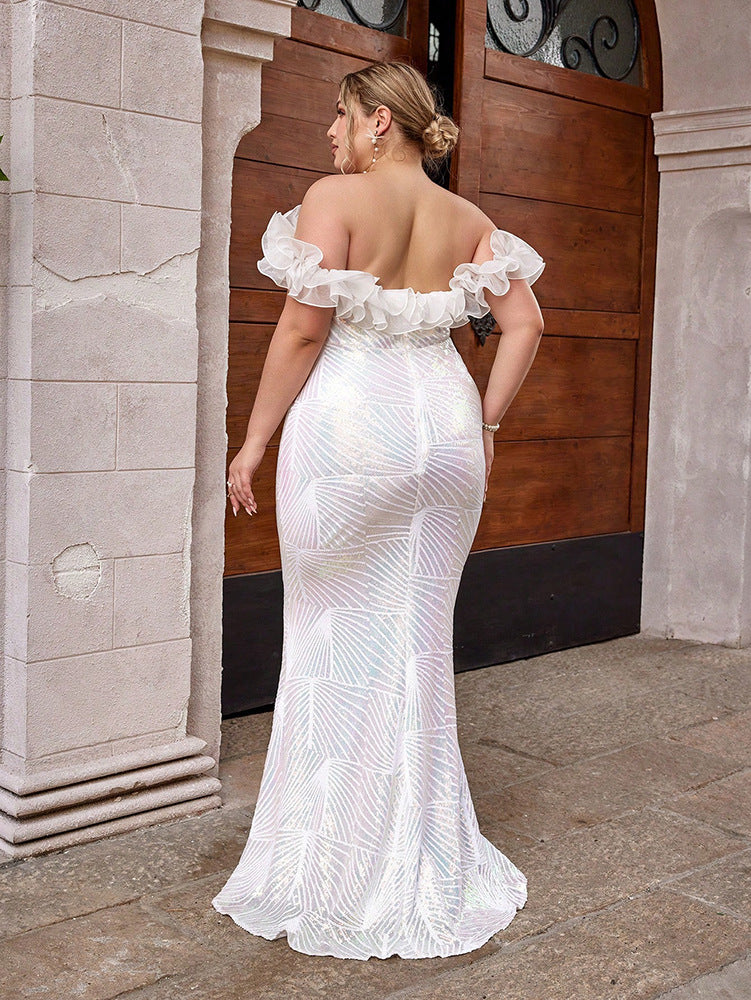 Woochic robe cocktail grande taille  manches bouffantes paillettes party